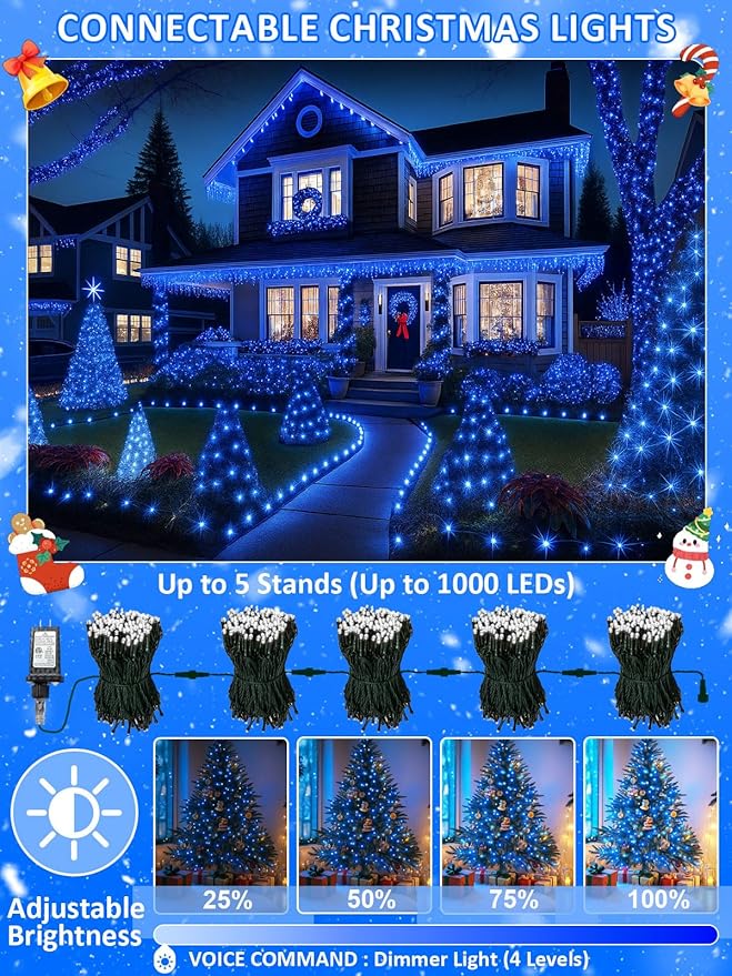 Voice Controlled Smart Christmas Lights Outdoor, 75.8ft 200 LED Extendable String Lights with 7 Voice Commands, 12 Modes & Timer, Waterproof Christmas Decorations for Party Tree Garden (Blue)