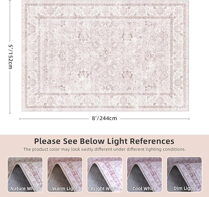 Pink Nursery Rug 5x8 Large Area Rugs for Living Room Vintage Rug Boho Floral Washable Area Rugs Indoor Carpet for Bedroom Dining Room Kids Room