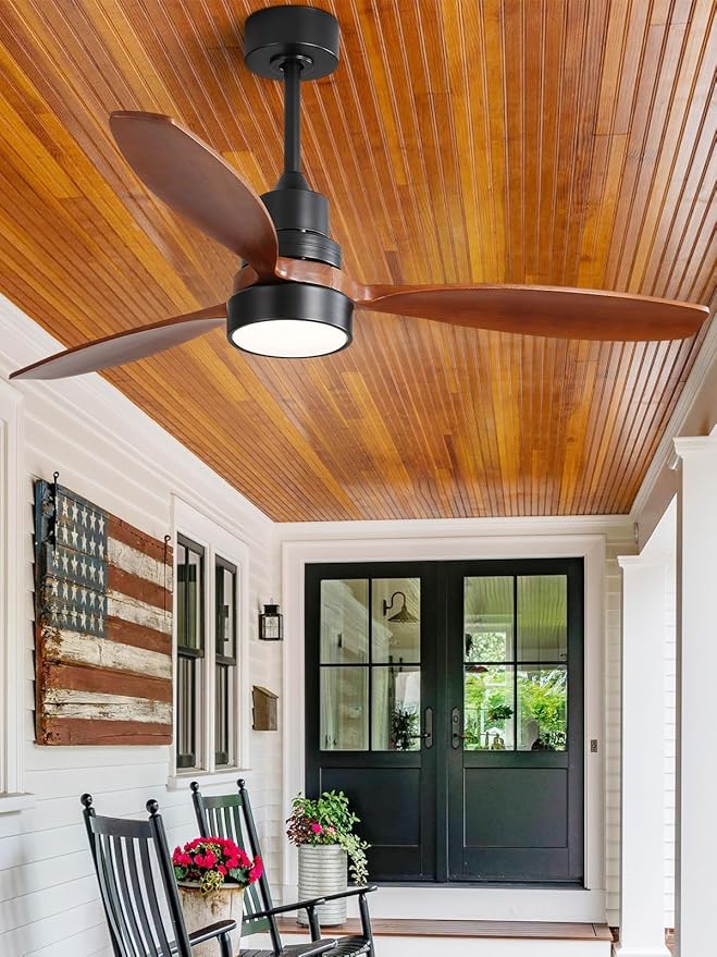 Sofucor Ceiling Fan with Lights and Remote, 52 inch Modern LED Ceiling Fan with 3 Wood Blades and 3 Black Downrods, for Indoor Bedroom Living Room Outdoor Patio Porch, Reversible, Quiet and Powerful