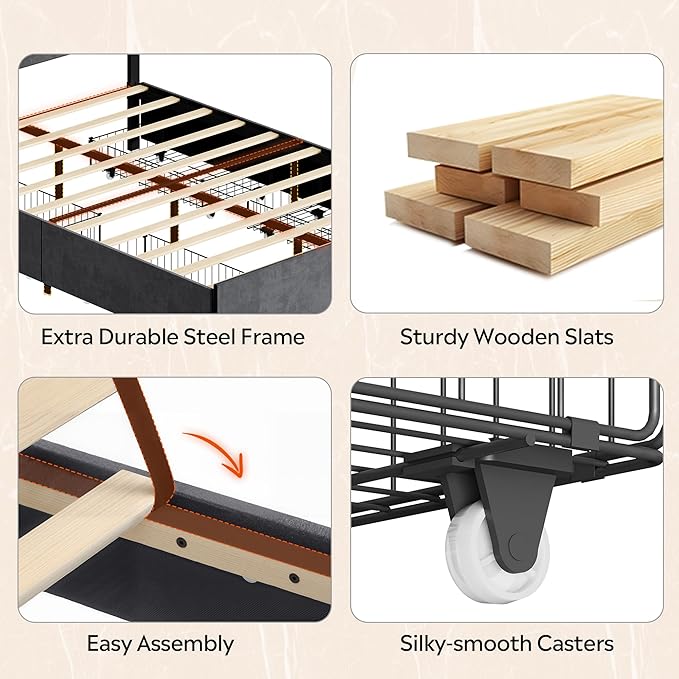 WLIVE Full Size Upholstered Bed Frame with 4 Drawers and Velvet Square Tufted Headboard, Sturdy Metal & Wooden Slats Support, No Box Spring Needed, Easy Assembly, Dark Grey