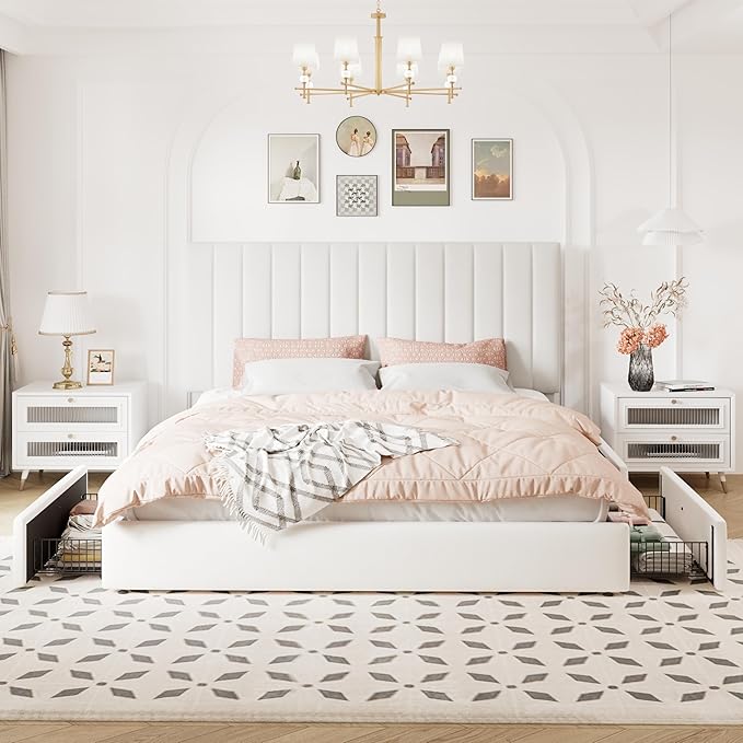 Allewie King Size Storage Bed Frame, Vertical Channel Tufted Adjustable Headboard, Velvet Upholstered Platform Bed with 4 Oversized Underbed Drawers, Wooden Slats Support, No Box Spring Needed, White
