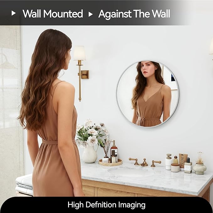 20" Round Mirror Circle Wall Mounted Hanging or Against Wall Metal Frame Dressing Make-up Mirrors for Entryway Bedroom Bathroom Living Room 20 inch Silver