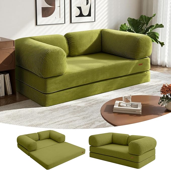 COMAX Folding Sofa Bed Queen, 4-in-1 Convertible Foldable Floor Couch Futon Sofa with Armrests, Sleeper Mattress Fold Out Chair Bed Comfy Portable Lounge Guest for Living Room Bedroom, Light Green