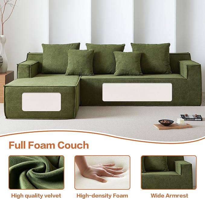101" Boneless Couches for Living Room, Fully Memory Foam Sofa with Deep Seat, L Shape Sectional Couch Velvet Fabric, Compressed Sofa in a Box,No Assembly Required (Green)