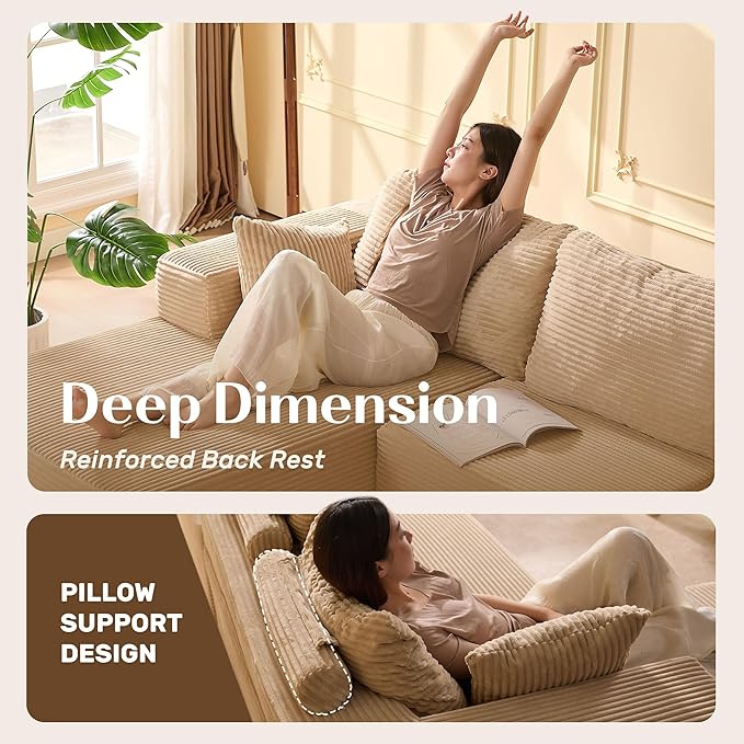 138" Boneless Couch with Deep Seat, Modular Sectional Sofa, Cloud Sectional Couch for Living Room, No Assembly Required, Corduroy, 4 Seater L-Shape Left, Camel