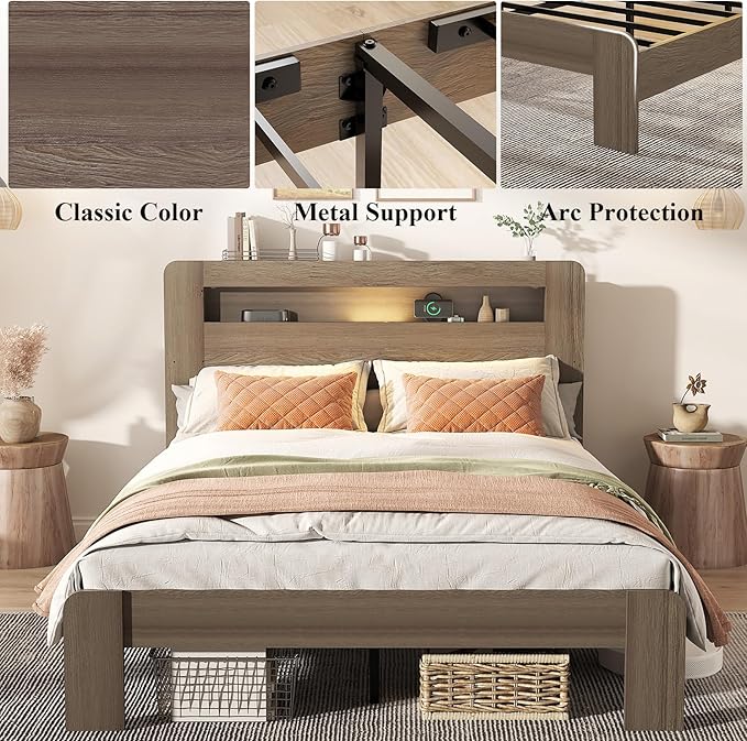 Wooden Bed Frame Queen Size with Storage Headboard - Farmhouse Platform Bed Frame with Bookcase Shelf & Led Lights, Sturdy Wood Slat Framework Bed Frame (Light Brown LED)