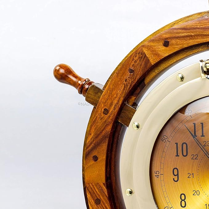 Nagina International 24" Exclusive Pirate's Nautical Ship's Steering Wheel Styled Porthole Clock | Lavish Wall Decor Gifts & Collectible