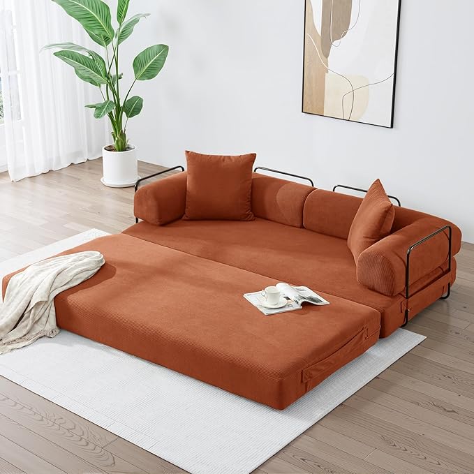 Convertible Sleeper Sofa Bed with Cylindrical Pillow, Corduroy Folding Mattress Couch with Fixed-Shape Frame, Floor Sofa Lounge Couch for Living Room Bedroom Lounge Studio, Orange