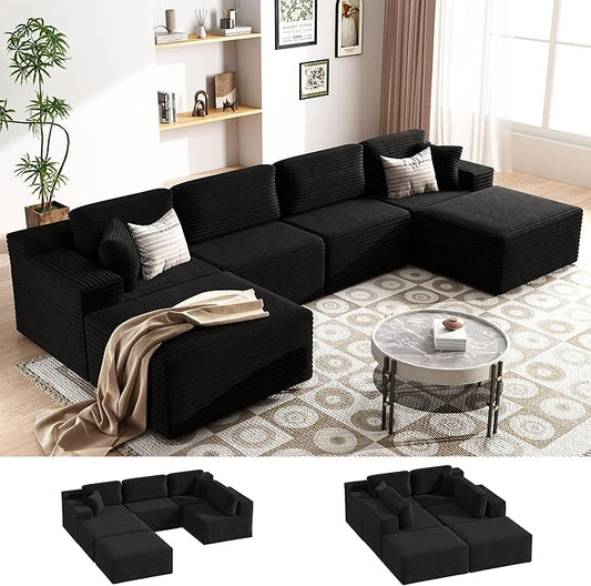 Balshaw 108" Cloud Sectional Couch Sofa with L-Shape Chaise, Modern Modular Sofa Couch Upholstered Couches for Living Room Bedroom, No Assembly Required (Black, U Shape)