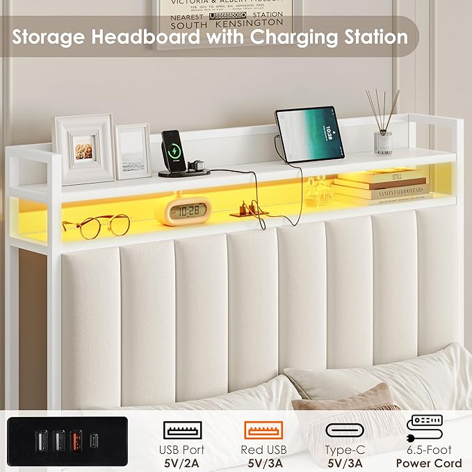 Keyluv Full LED Bed Frame with Storage Headboard & 2 Drawers, Upholstered Platform Bed with Charging Station & Bedside Storage Rack, Metal Slat Support, No Box Spring Needed, Velvet Fabric, White