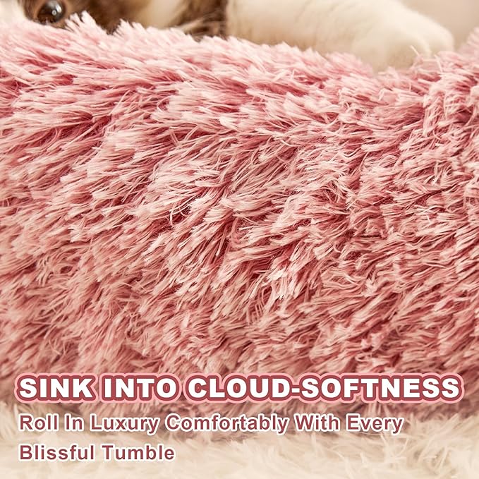 Jiupety Paw Shape Calming Pet Bed, Plush Faux Fur Donut Bed for Dogs & Cats, Machine Washable, Non-Slip Bottom, Medium (22"×22"×6"), Pink