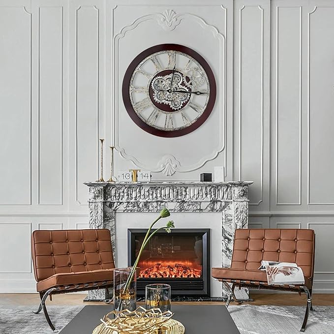 HOIBAI Large Wall Clock, Wall Clocks for Living Room Decor 30 Inch Farmhouse Vintage Rustic Kitchen Wall Decor Vintage Roman Oversized Wall Clock for Home Bedroom House, Moving Gears Clock