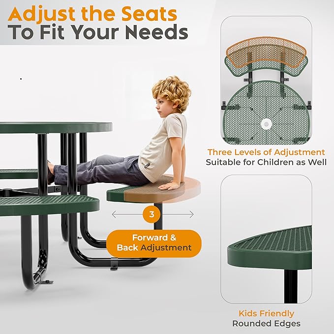 Metal Picnic Tables for Outdoors with Umbrella Hole - Coated Steel Heavy Duty Commercial Grade Furniture Set with Adjustable Seats (Green, 38 in, Round, Expanded Steel)