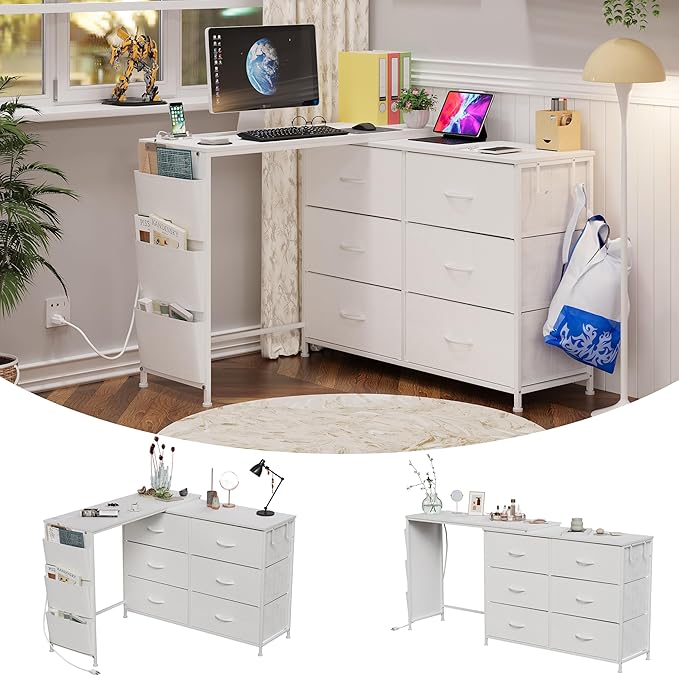 Modern Corner Vanity Desk with 6 Fabric Drawers Power Outlet Side Pocket L Shaped Drawers Makeup Desk Dressing Table for Girls Women Bedroom (White)