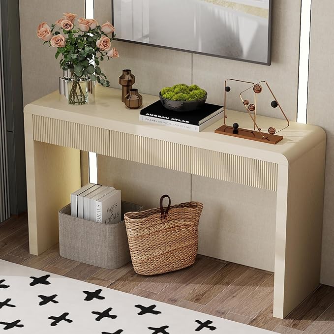 55”Curved Rustic Console Table with 3 Fluted Drawers,Solid Wood Veneer Entry Table Foyer Hallway Table, Narrow Sofa Table Natural Wood Grain for Living Room, Hallway (Oak)