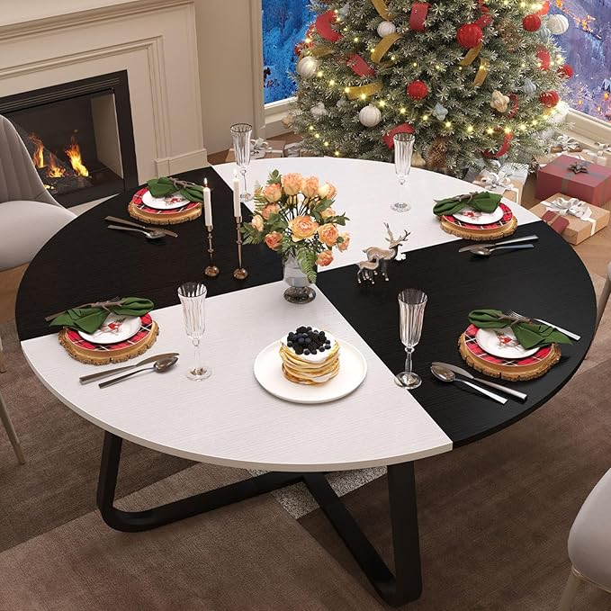 LVB Round Dining Table, Modern Wood Metal Kitchen Table, Industrial Small Dinner Room Table for 4 to 6 People, White and Black Oak, 42 Inch