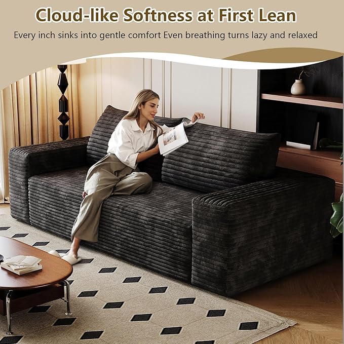 63" Boneless Loveseat Sofa - Cloud Couch with Memory Foam, Comfy Deep Seat - Corduroy Floor Sofa, No Assembly Required - Small Space Friendly for Living Room, Bedroom, Apartment, Black