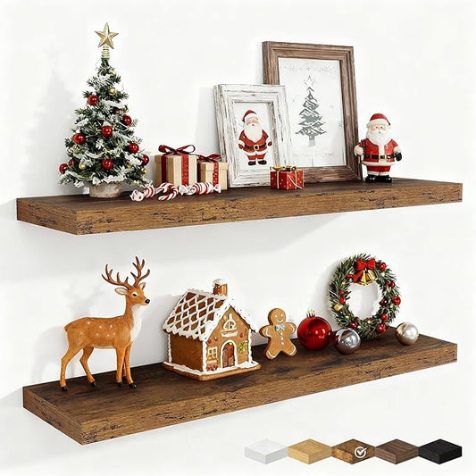 Fun Memories 36 Inch Floating Shelves, 9.3 Inch Deep Rustic Wall Shelves - Extra Deeper Wall Mounted Storage Shelves for Bathroom, Kitchen, Living Room (Brown, Set of 2)