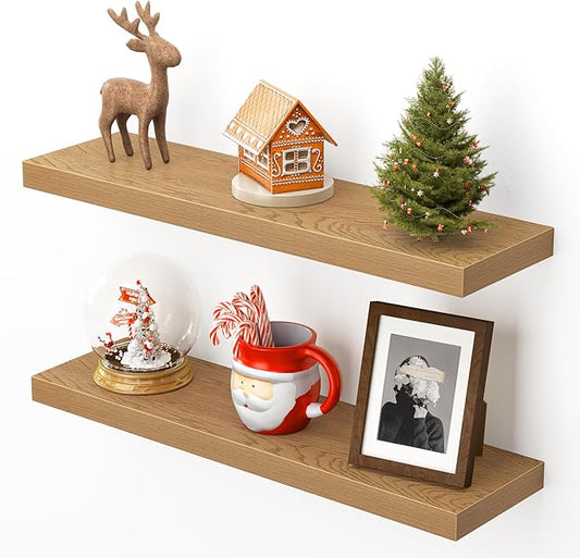 Heimlove 24 Inch Floating Shelves for Wall,Mounted Storage Wood Shelves with Invisible Brackets Hanging Shelf for Bedroom,Living Room,Kitchen,Office,Set of 2,Oak Color