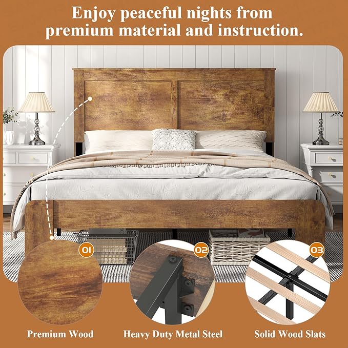 Wooden Bed Frame Full Size with Headboard, Farmhouse Platform Bedframe with Wood Slat Support, Sturdy Framework Bed Frame, Easy Assembly (Rustic Brown)