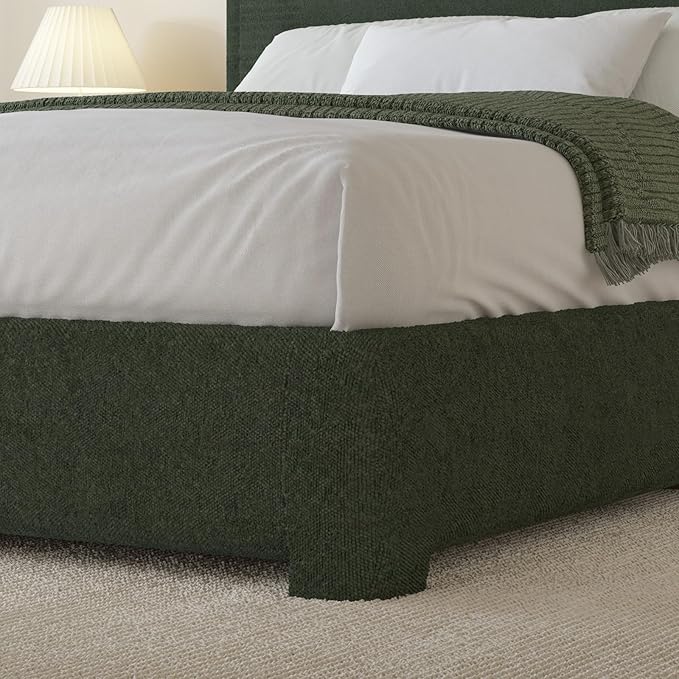 BarnFurin Twin Size Bed Frame, Boucle Upholstered Platform Bed Frame with Headboard, Modern Style, Soft Rounded Corners, No Box Spring Required, Easy Assembly, Green