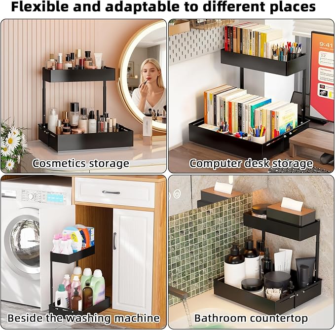 2Packs Under Sink Organizer with Adjustable Height and Width, Under Cabinet Organizer to Tidy, Sturdy Metal Design for Kitchen and Bathroom
