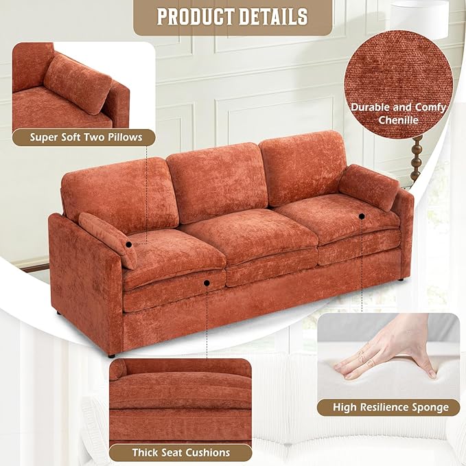 89" Chenille 3 Seats Sofa with 2 Pillows, Modern Upholstered Sofa with Deeper Seats, Comfy Sofa with Thickened Cushions for Living Room, Apartment, Orange