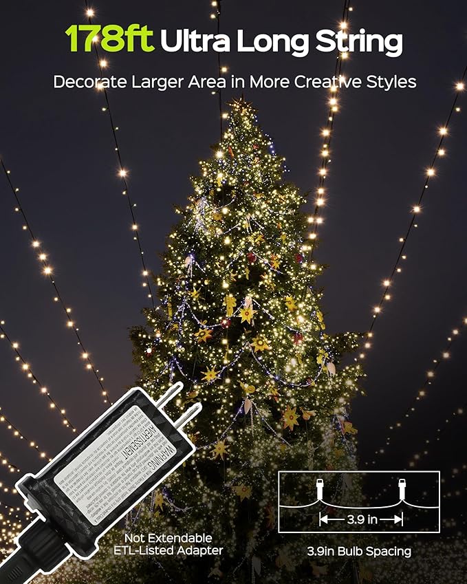 Super Long 500 LED 178FT Christmas Lights, Bright Bubble Led Christmas Tree Lights with 8 Modes & Memory, 2025 Upgraded Twinkle LED String Lights for Indoor Outdoor Xmas Party Decorations, Warm White
