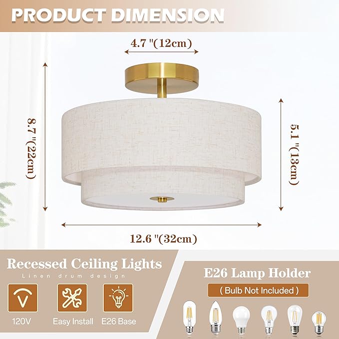 2 Light Semi Flush Mount Ceiling Light Fixture 12.6 Inch Modern Gold Drum Lights Fixture with 2-Layer Fabric Shade Dimmable Close to Ceiling for Living Room Hallway Bedroom Entryway
