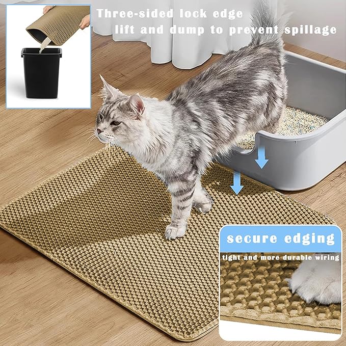 HCY&WLD 2-Pack Cat Litter Mat, Double Layer Honeycomb Waterproof Urine Proof Non-slip Litter Trapping Mat, Less Waste, Easy to Clean Cat Litter Box Mat, Kitten Indoor Supplies (Khaki, 20x16 Inches)
