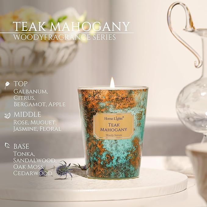 HomeLights Large jar Candle | 1-Wick Long-Lasting Scented Candles, 6.7oz Natural Soy Wax Candle for Home Scented, Industrial Chic Gifts for Women & Men, Teak Mahogany