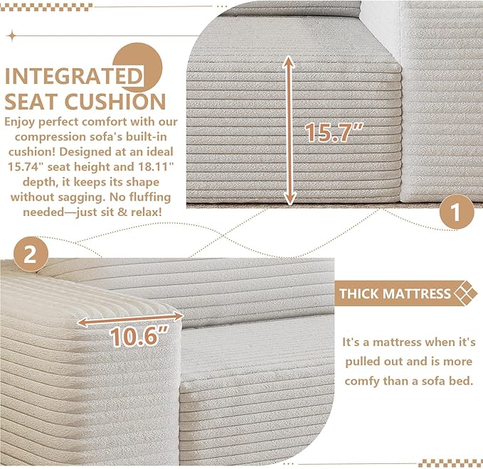 Cloud Loveseat Sofa, Modern Corduroy 2-Seater Couch with Deep Seat, No Assembly Required Memory Foam Sofa, Boneless Sofa in a Box for Bedroom, Apartment, Office,Small Space (White,63in)