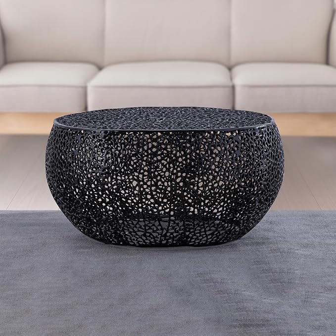 Modern Contemporary Round 32" Coffee Table, Solid Aluminum intrigued Design, Drum Shaped Mesh Cocktail Table, Creative Center Table for Living Room and Bedroom, Casted in Black