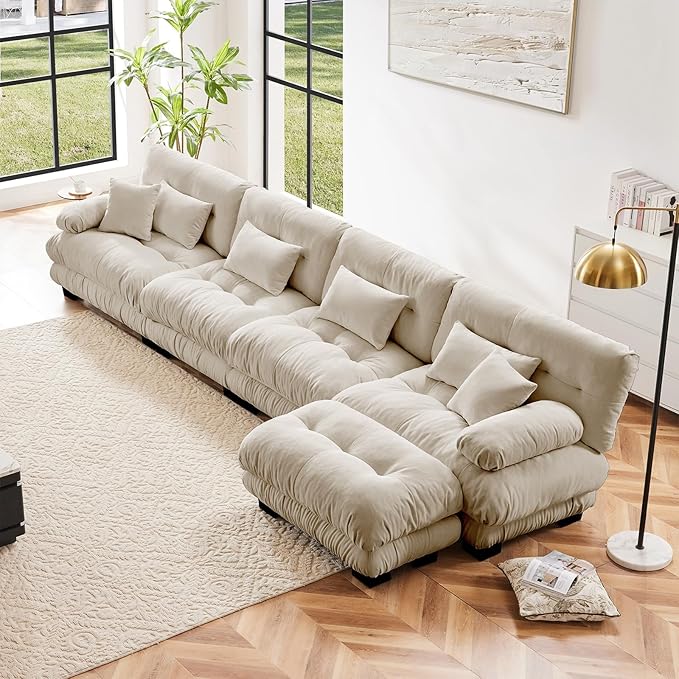 173.2" Oversized Couch, 4 Seater Modular Sectional Sofa, Beige Large L Shaped Fluffy Couch Set, Chenille Cloud Sofas with Ottoman for Living Room