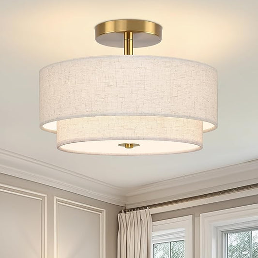 2 Light Semi Flush Mount Ceiling Light Fixture 12.6 Inch Modern Gold Drum Lights Fixture with 2-Layer Fabric Shade Dimmable Close to Ceiling for Living Room Hallway Bedroom Entryway