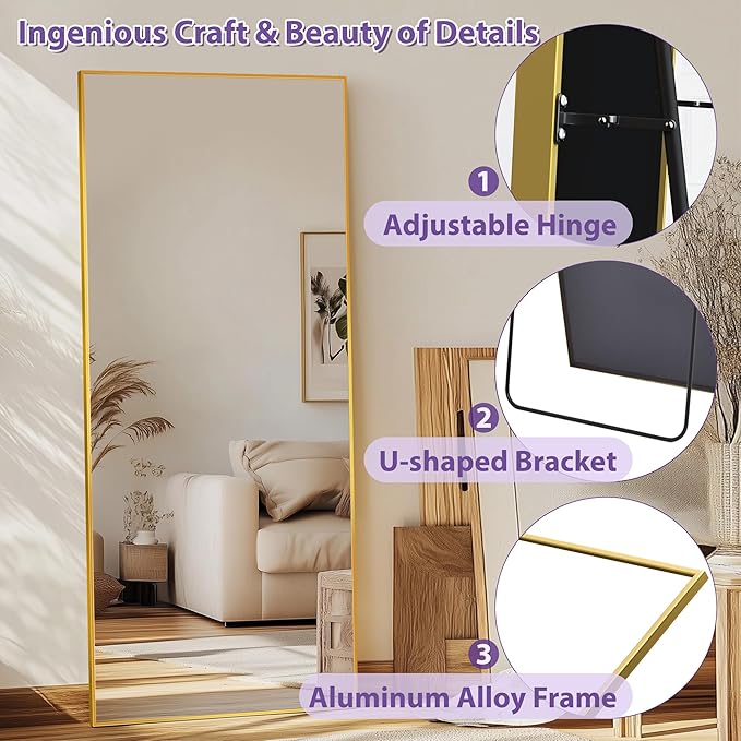 Full Length Mirror, 71"x32" Oversized Floor Mirror Freestanding, Full Body Mirror Floor Standing Mirrors with Stand, Hanging Mounted Mirrors for Bedroom Living Room, Gold, Rect Style