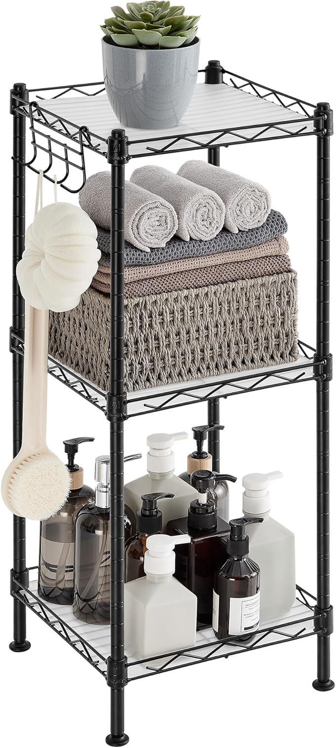 SONGMICS 3-Tier Bathroom Shelf, Storage Rack for Small Space, with 3 PP Shelf Liners, Removable Hook, Extendable Design, Ink Black and Translucent ULGR103B01