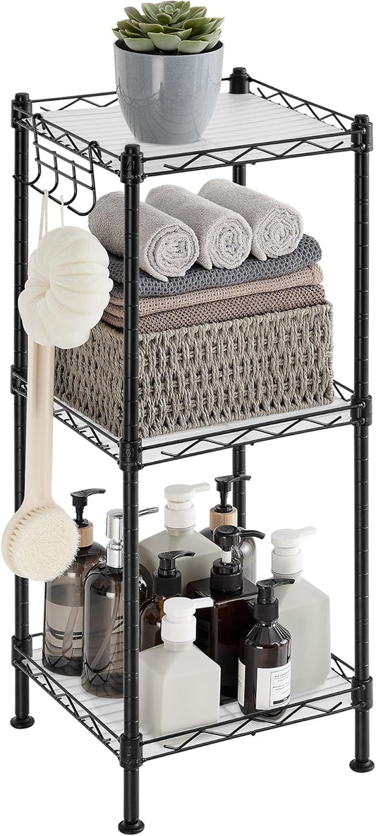 SONGMICS 3-Tier Bathroom Shelf, Storage Rack for Small Space, with 3 PP Shelf Liners, Removable Hook, Extendable Design, Ink Black and Translucent ULGR103B01