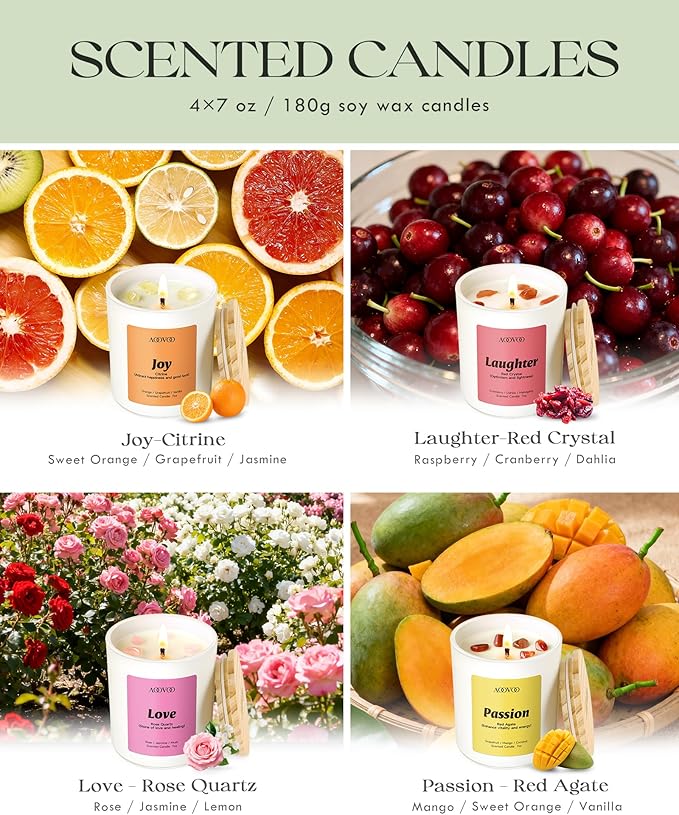 AOOVOO Energy Candles Set for Women - 4 Pack Candles for Home Scented, 28 oz 200 Hour Burn, Aromatherapy Candle with Crystals, Laughter Red Quartz/Love Rose Quartz/Joy Citrine/Passion Red Agate