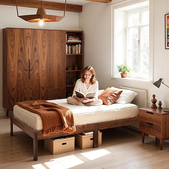 Hokway Wood Full Size Bed Frame- No Wobble,Noise-Free,Easy Assembly with Precise Holes,12 in Wood Slat Support,No Box Spring Needed,Walnut