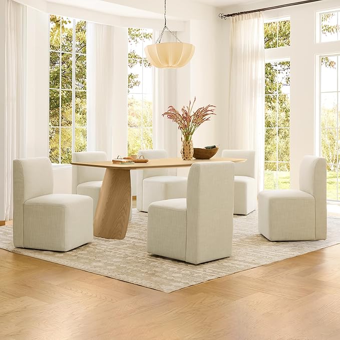 CHITA Dining Chairs with Casters Set of 2, FSC Certified Upholstered Armless Modern Rolling Dining Chairs with Rollers for Bedroom Reading Room Living Room, Linen