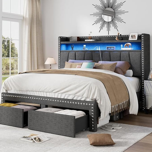Queen Size Bed Frame with Storage Headboard and Drawers Modern Rivets Upholstered Bed Frame with LED Charging Station Queen Bedframe No Box Spring Needed