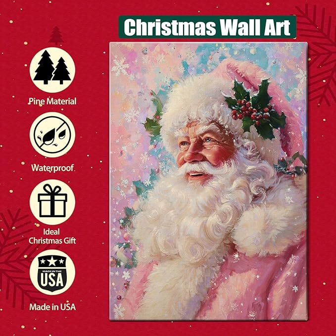 Vintage Pink Santa Claus Girl Christmas Canvas Wall Art - Whimsical Framed Print for Bedroom & Living Room, Unique Christmas Gifts, Playful Christmas Decorations & Pink Winter Decor
