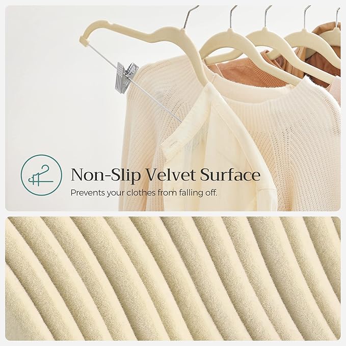 SONGMICS 20-Pack Pants Hangers, 16.7-Inch Long Velvet Hangers with Adjustable Clips, Heavy-Duty, Non-Slip Skirt Hangers, Space-Saving for Pants, Skirts, Coats, Dresses, Sandy Beige UCRF012K20