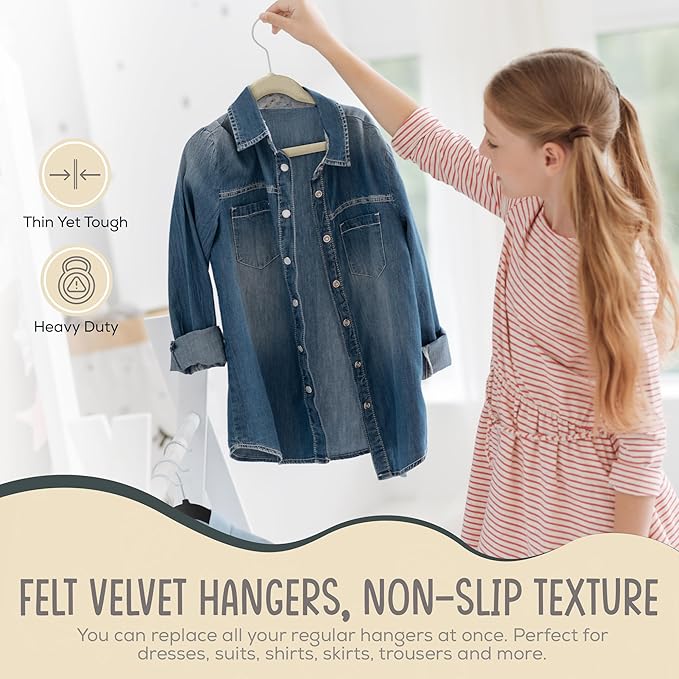 50 Premium Kids Velvet Hangers - 14" Non-Slip Clothes Hangers for Kids & Preteens - Ultra Slim, Space-Saving, Strong & Durable Hangers with 360° Swivel Hook - Ivory