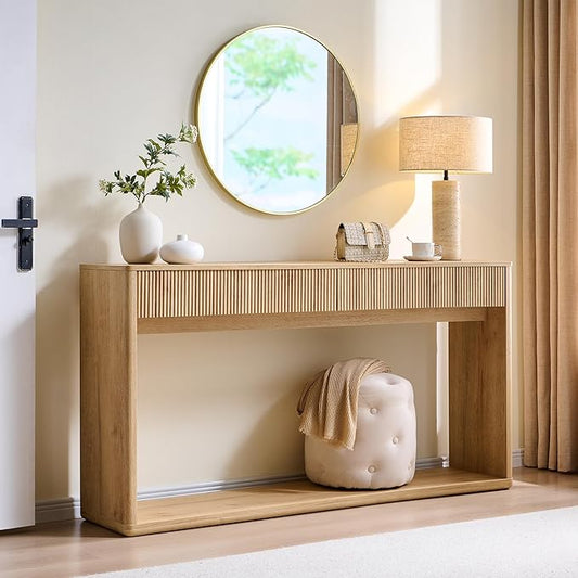 OKD 63" Fluted Console Table for Entryway, Modern Entryway Table with 2 Large Drawers, Long Sofa Table Behind Couch for Living Room, Hallway, Couch, Foyer，Natural Oak
