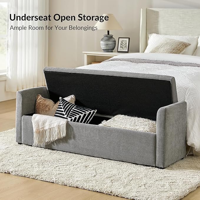 HULALA HOME Modern Storage Bench with Throw Pillows, 59.4" Extra Long Bedroom Ottoman Bench for End of Bed, Comfy Upholstered Footstool for Living Room Dining Room Entryway, Grey
