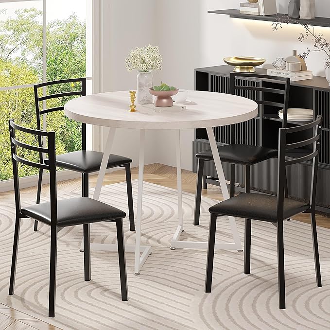 VECELO 35” Round Dining Table Set with 4 Cushioned Padded Chairs for Kitchen, Breakfast Nook, or Living Room, Wood-Grain Tabletop & Heavy-Duty Steel Frame, Easy Assembly, Natural Wood
