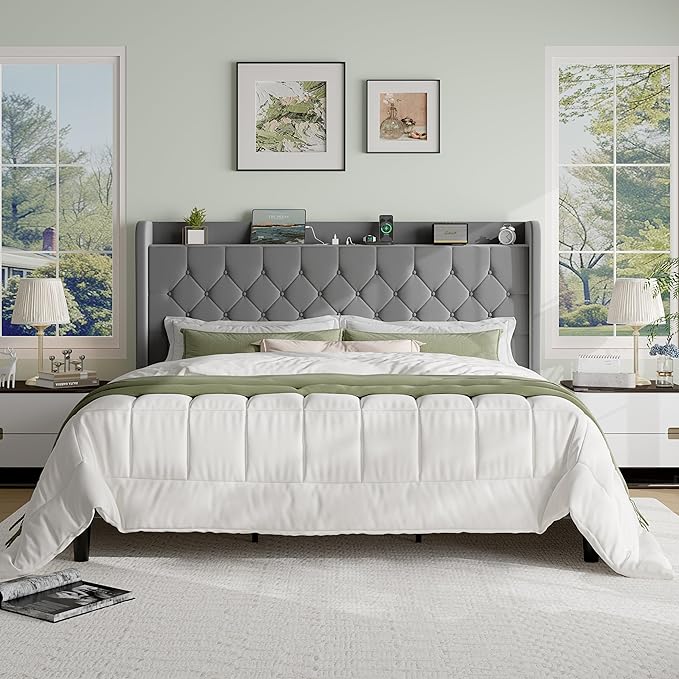 SHA CERLIN King Size Platform Bed Frame with Charging Station, Velvet Wingback Headboard with Storage Shelf, Wooden Slats Support, Ample Under-Bed Space, No Box Spring Needed, Easy Assembly, Grey