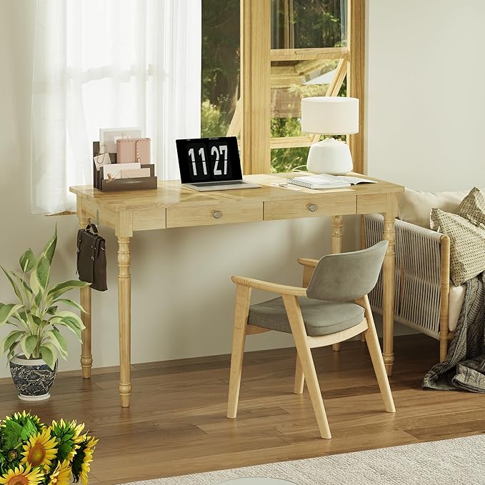 Solid Wood Desk with Drawers - 48 Inch Writing Desk with Drawers, Mid Century Modern Desk with 2 Hooks, Rubber Wood Study Table for Bedroom, Living Room & Office, Natural Boho Desks